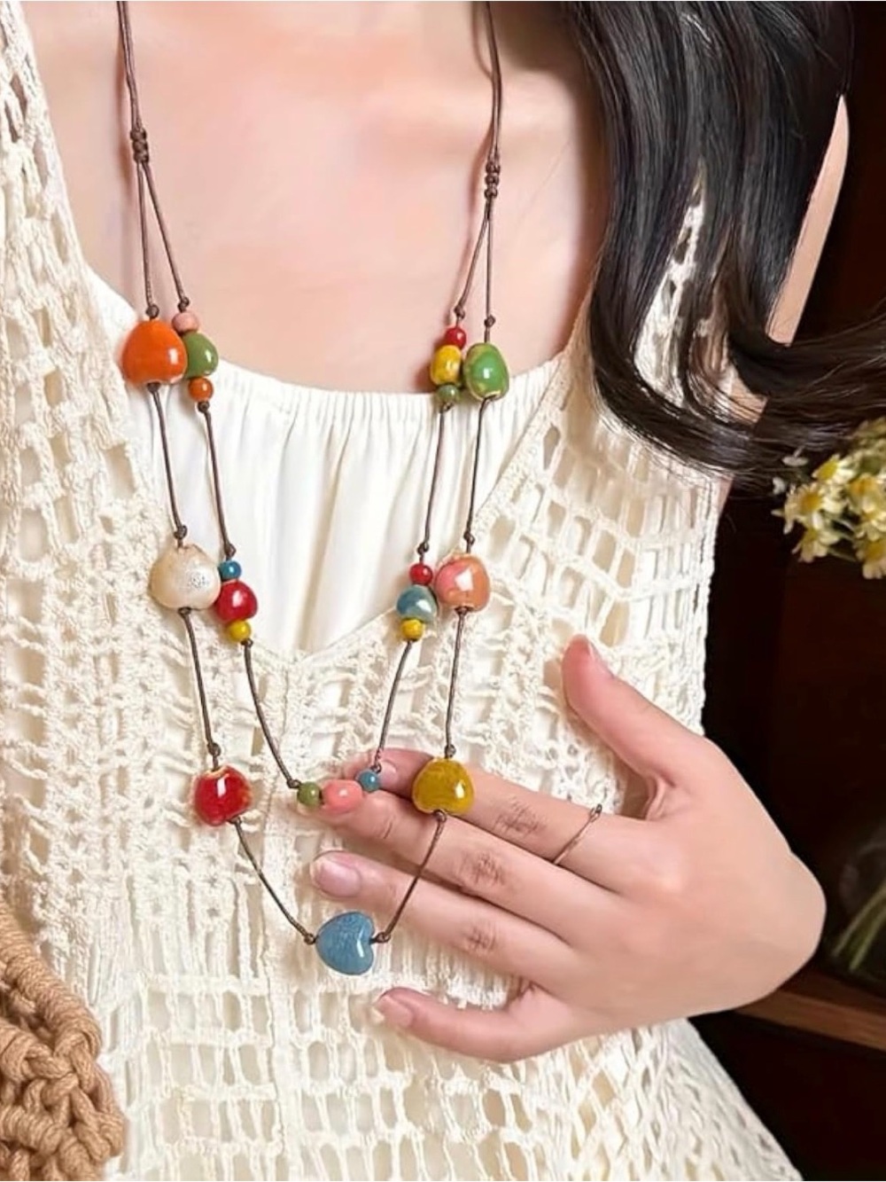 Handmade Multicolor Ceramic Bead Layered Necklace - Boho New
